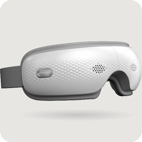 Zbliżenie na boczny przycisk sterowania i teksturę obudowy masażera oczu SKG ES300