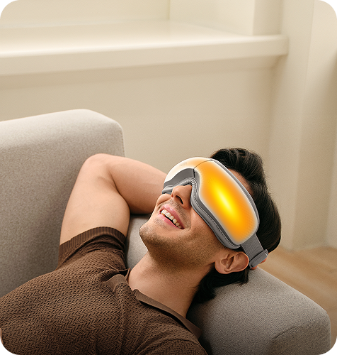 Mężczyzna relaksuje się na kanapie, używając masażera oczu SKG ES300 z aktywną funkcją gorącego kompresu