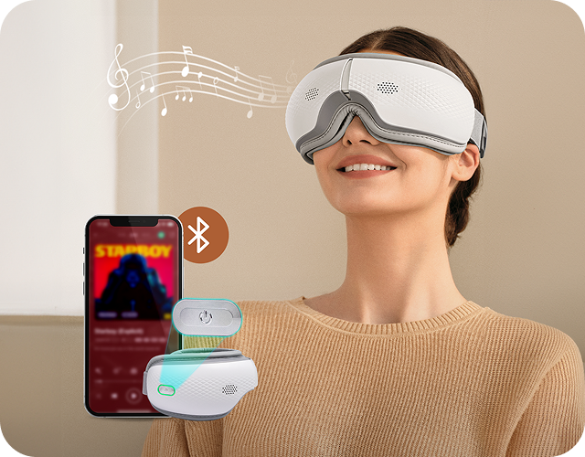 Kobieta używa masażera oczu SKG ES300 z wizualizacją muzyki i łącznością Bluetooth ze smartfonem