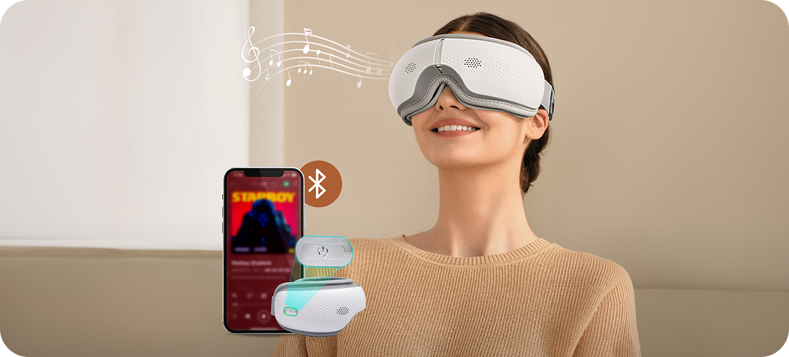 Kobieta używa masażera oczu SKG ES300 z wizualizacją muzyki i łącznością Bluetooth ze smartfonem