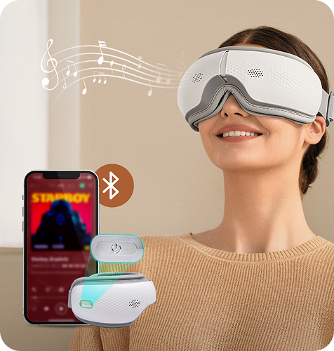 Kobieta używa masażera oczu SKG ES300 z wizualizacją muzyki i łącznością Bluetooth ze smartfonem