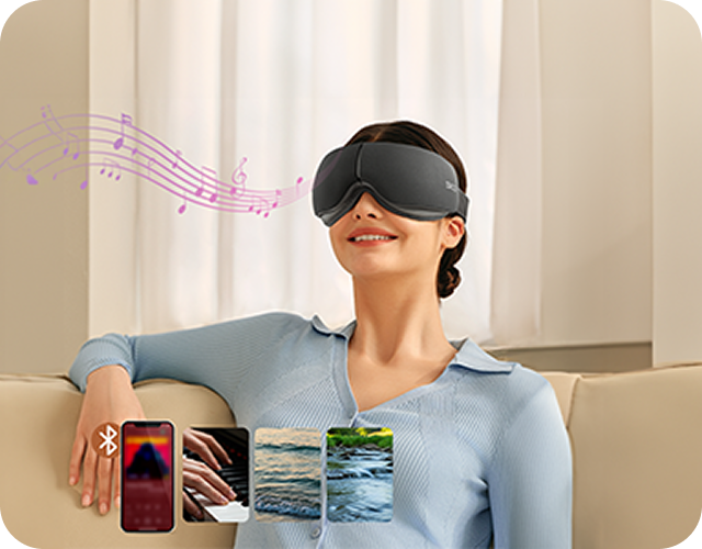 Kobieta uśmiecha się, używając szarego masażera oczu SKG ES500 z wizualizacją muzyki i łącznością Bluetooth