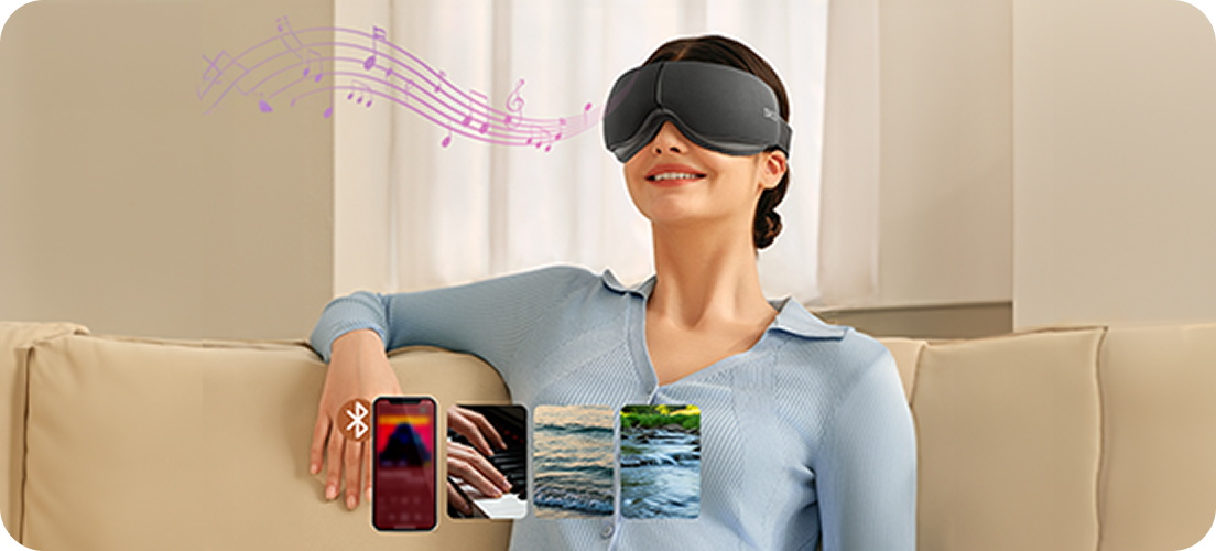 Kobieta uśmiecha się, używając szarego masażera oczu SKG ES500 z wizualizacją muzyki i łącznością Bluetooth