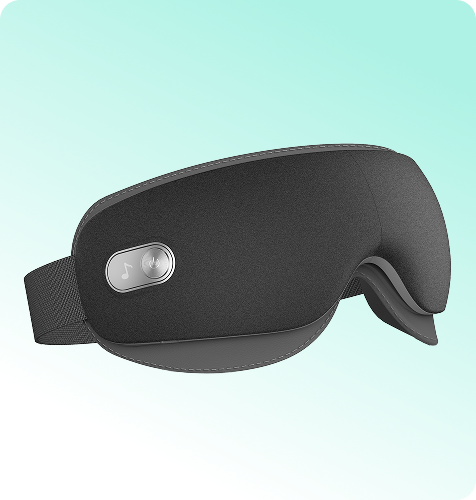 Masażer oczu SKG ES500 w kolorze szarym, z przyciskiem do sterowania muzyką i regulowanym paskiem