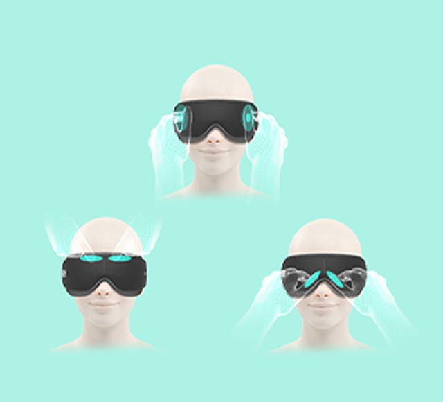 Trzy panele z wizualizacją masażu oczu SKG ES500, pokazujące różne techniki ucisku na siatce twarzy