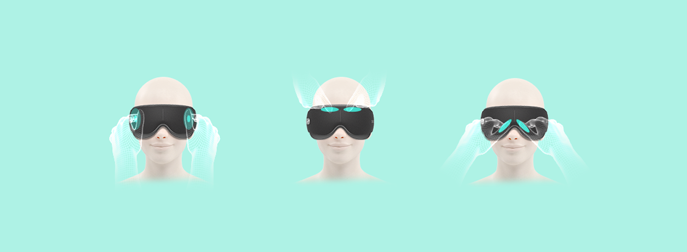 Trzy panele z wizualizacją masażu oczu SKG ES500, pokazujące różne techniki ucisku na siatce twarzy