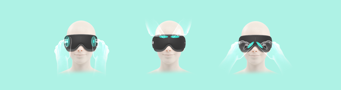 Trzy panele z wizualizacją masażu oczu SKG ES500, pokazujące różne techniki ucisku na siatce twarzy