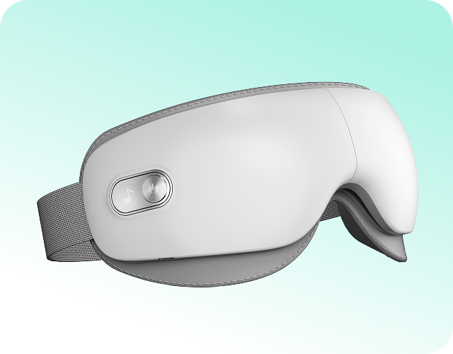 Masażer oczu SKG ES500 w kolorze białym, z przyciskiem do sterowania muzyką i regulowanym paskiem