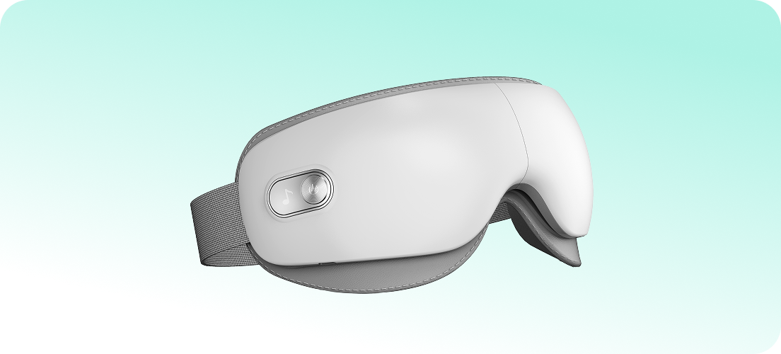 Masażer oczu SKG ES500 w kolorze białym, z przyciskiem do sterowania muzyką i regulowanym paskiem