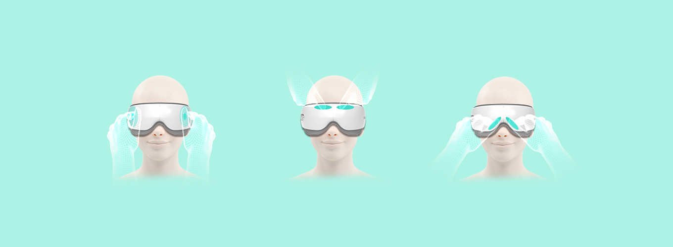 Trzy panele z wizualizacją masażu oczu SKG ES500, pokazujące różne techniki i miejsca ucisku