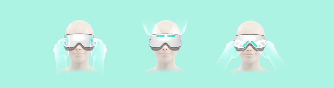 Trzy panele z wizualizacją masażu oczu SKG ES500, pokazujące różne techniki i miejsca ucisku