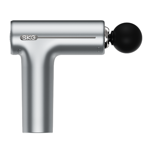 Pistolet do masażu SKG F1-Pro w kolorze srebrnym, z kulistą czarną końcówką, widok z boku