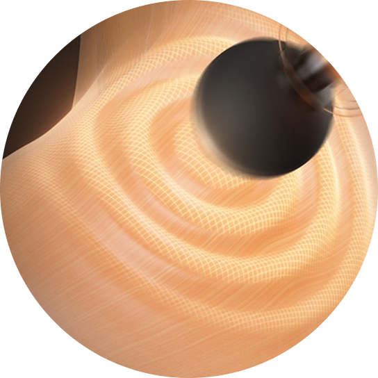 Wizualizacja działania pistoletu do masażu SKG F1-Pro, pokazująca fale ciepła i wibracji w mięśniu