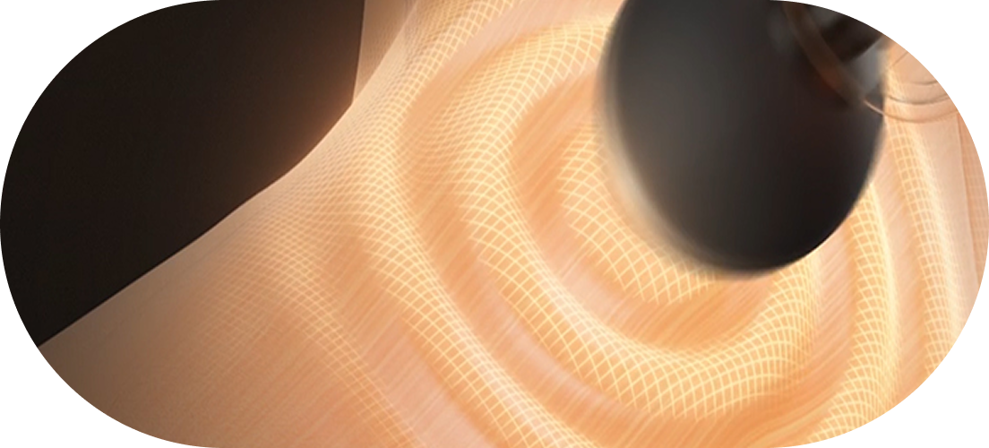 Wizualizacja działania pistoletu do masażu SKG F1-Pro, pokazująca fale ciepła i wibracji w mięśniu