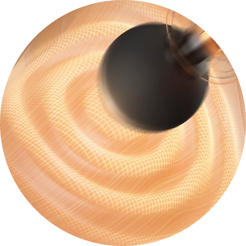 Wizualizacja działania pistoletu do masażu SKG F1-Pro, pokazująca fale ciepła i wibracji w mięśniu