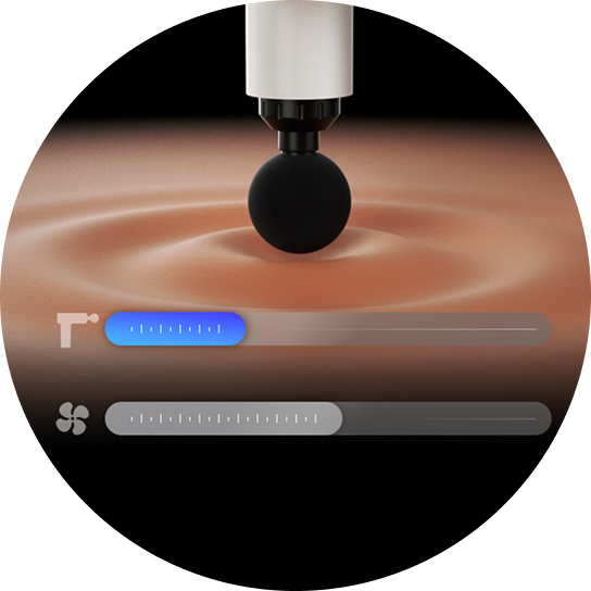 Wizualizacja pistoletu do masażu SKG F1-Pro i suwaków do regulacji wibracji oraz ciepła emitowanego przez końcówkę