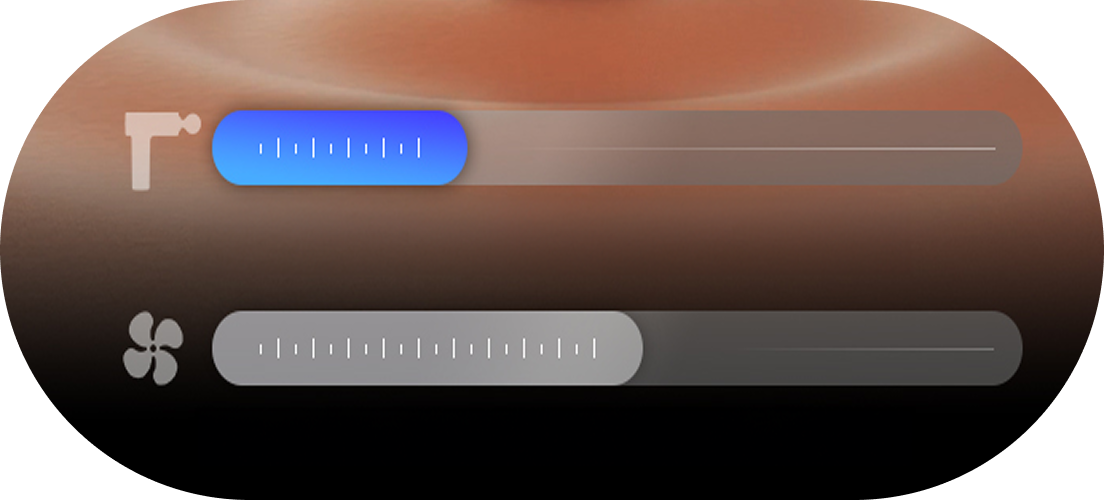 Wizualizacja pistoletu do masażu SKG F1-Pro i suwaków do regulacji wibracji oraz ciepła emitowanego przez końcówkę
