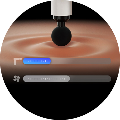 Wizualizacja pistoletu do masażu SKG F1-Pro i suwaków do regulacji wibracji oraz ciepła emitowanego przez końcówkę