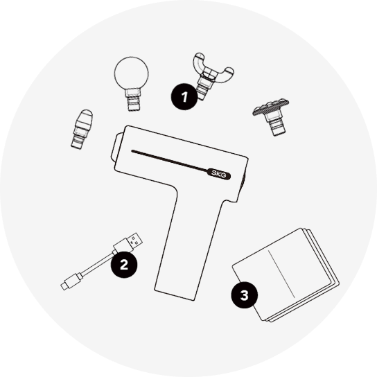 Grafika techniczna przedstawiająca pistolet do masażu SKG F1-Pro i akcesoria: cztery końcówki, instrukcję obsługi i przewód