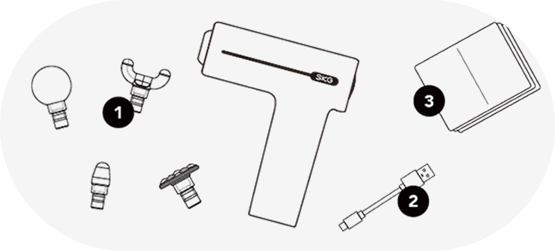 Grafika techniczna przedstawiająca pistolet do masażu SKG F1-Pro i akcesoria: cztery końcówki, instrukcję obsługi i przewód