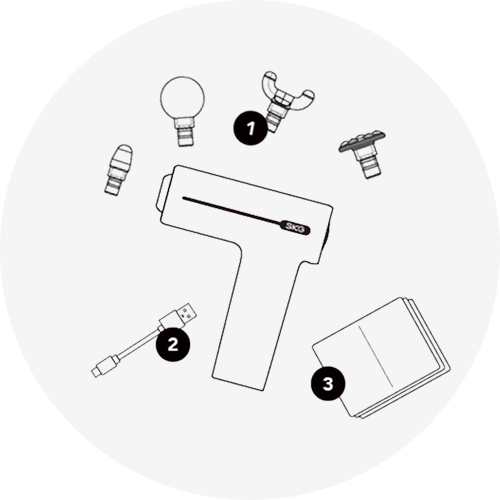 Grafika techniczna przedstawiająca pistolet do masażu SKG F1-Pro i akcesoria: cztery końcówki, instrukcję obsługi i przewód