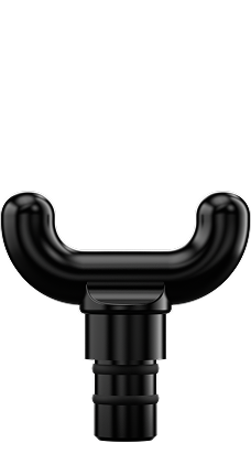 Zbliżenie na czarną, widełkową (U-kształtną) końcówkę (głowicę) do masażu karku pistoletu SKG F1-Pro