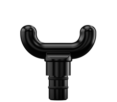 Zbliżenie na czarną, widełkową (U-kształtną) końcówkę (głowicę) do masażu karku pistoletu SKG F1-Pro