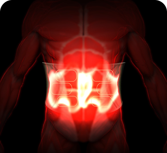 Wizualizacja pasa treningowego SKG GS300, pokazująca promieniowanie ciepła w okolicy lędźwiowej pleców