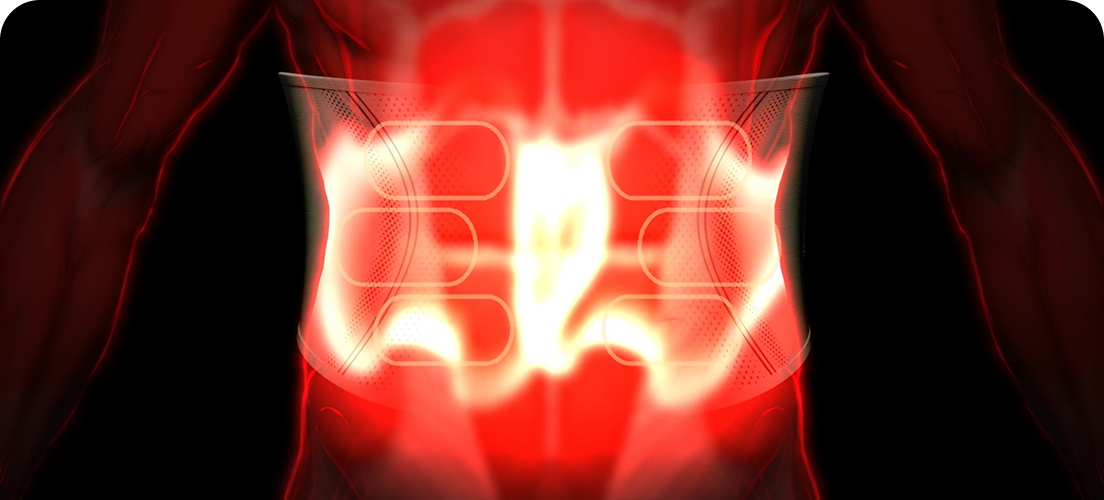 Wizualizacja pasa treningowego SKG GS300, pokazująca promieniowanie ciepła w okolicy lędźwiowej pleców