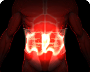 Wizualizacja pasa treningowego SKG GS300, pokazująca promieniowanie ciepła w okolicy lędźwiowej pleców