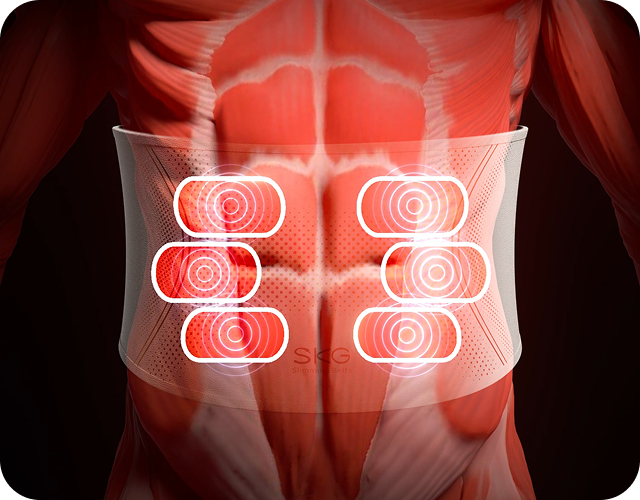 Wizualizacja pasa treningowego SKG GS300, pokazująca sześć stref wibracji na mięśniach brzucha i pleców