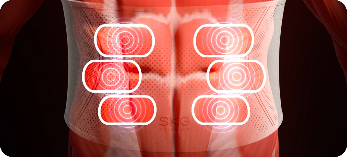Wizualizacja pasa treningowego SKG GS300, pokazująca sześć stref wibracji na mięśniach brzucha i pleców