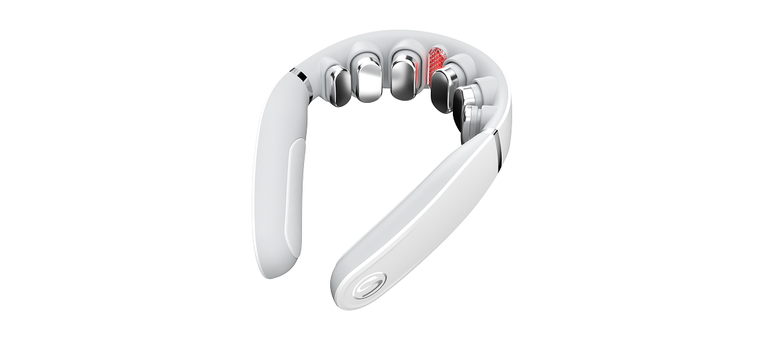 Masażer szyi SKG GS500-N w kolorze białym, z chromowanymi głowicami i wizualizacją podgrzewania na jednym elemencie