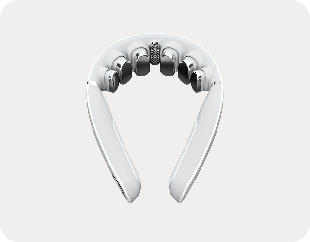 Masażer szyi SKG GS500-N w kolorze białym, z chromowanymi głowicami masującymi, widok z góry na jednolitym tle