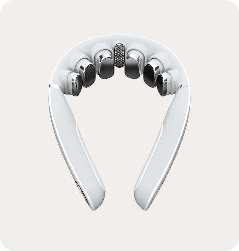 Masażer szyi SKG GS500-N w kolorze białym, z chromowanymi głowicami masującymi, widok z góry na jednolitym tle