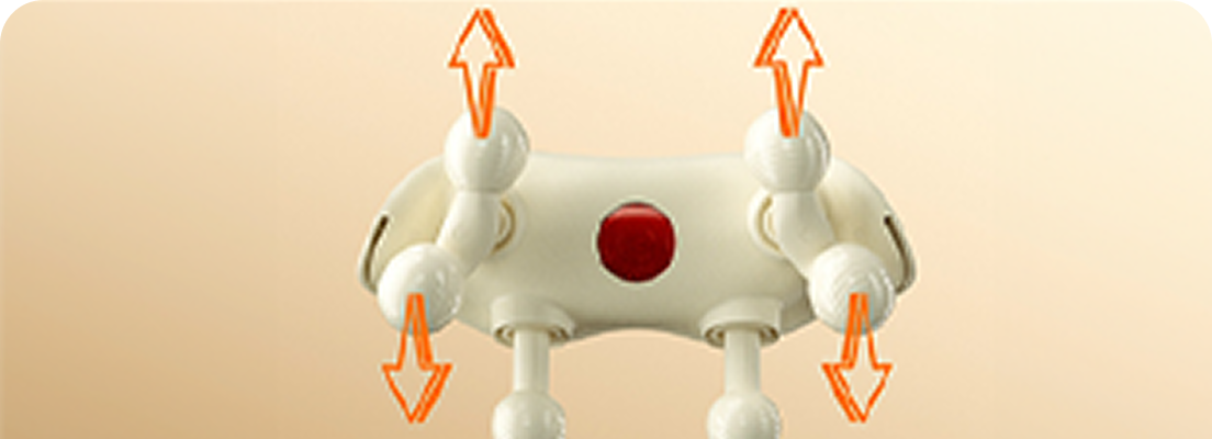 Wizualizacja masażera karku SKG HS500-2, pokazująca ruch głowic w dwóch płaszczyznach za pomocą strzałek