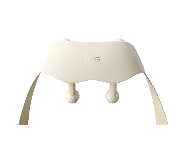 Masażer karku SKG HS500-2 w kolorze beżowym, z logo SKG i dwiema kulistymi głowicami masującymi
