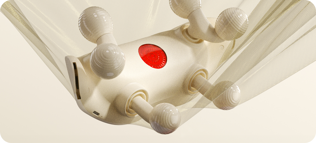 Masażer karku SKG HS500-2 z czerwoną diodą podgrzewającą i kulistymi głowicami, na tle beżowej tkaniny