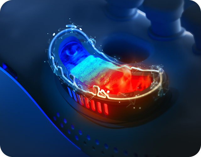 Wizualizacja funkcji masażera: kapsuła emitująca chłód (niebieski) i ciepło (czerwony) w jednym punkcie urządzenia