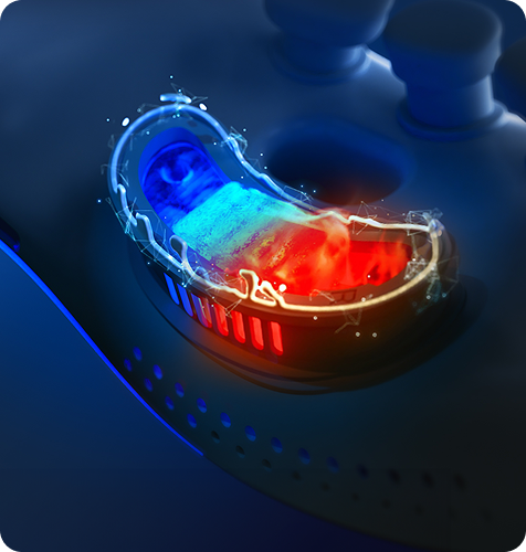 Wizualizacja funkcji masażera: kapsuła emitująca chłód (niebieski) i ciepło (czerwony) w jednym punkcie urządzenia