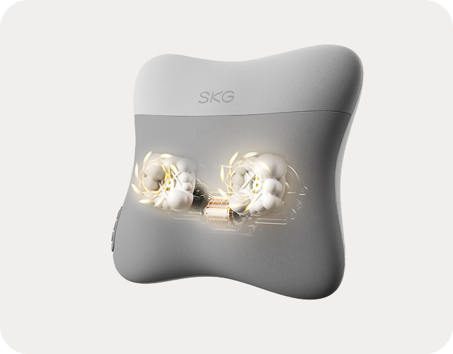 Masażer pleców SKG VS500 z wizualizacją wewnętrznych, obracających się mechanizmów masujących i podgrzewania