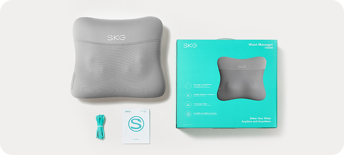 Masażer pleców SKG VS500, jego opakowanie, turkusowy kabel i broszura z logo S, widok z góry