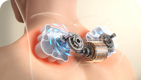 Wizualizacja działania masażera SKG VS500, pokazująca mechanizm z silnikiem i przekładniami masującymi bark