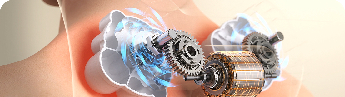 Wizualizacja działania masażera SKG VS500, pokazująca mechanizm z silnikiem i przekładniami masującymi bark