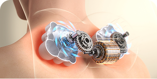Wizualizacja działania masażera SKG VS500, pokazująca mechanizm z silnikiem i przekładniami masującymi bark