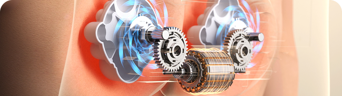 Wizualizacja działania masażera SKG VS500, pokazująca dwa obracające się mechanizmy masujące plecy