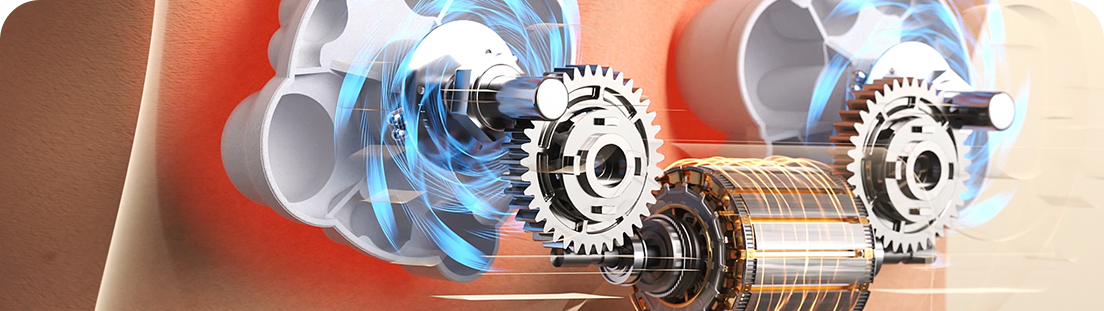 Wizualizacja działania masażera SKG VS500, pokazująca dwa obracające się mechanizmy masujące lędźwiowy odcinek