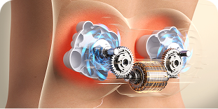 Wizualizacja działania masażera SKG VS500, pokazująca dwa obracające się mechanizmy masujące lędźwiowy odcinek
