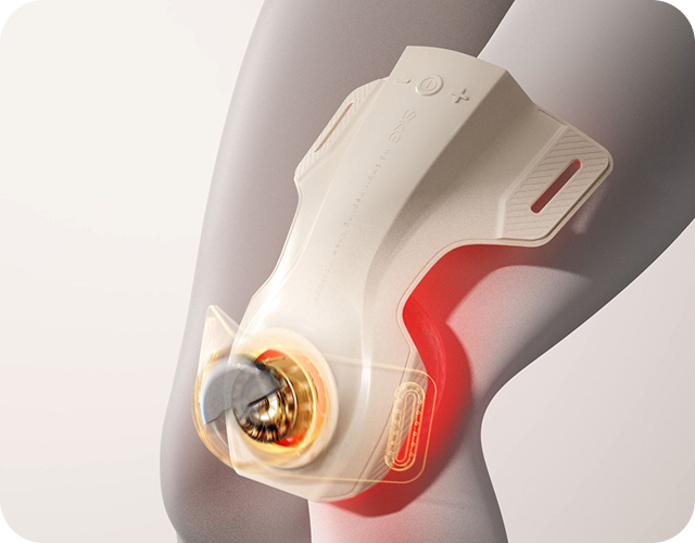 Masażer kolan SKG WS500 na nodze, z wizualizacją działania ciepła i światła wewnątrz stawu