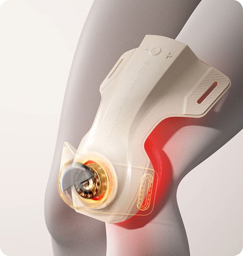 Masażer kolan SKG WS500 na nodze, z wizualizacją działania ciepła i światła wewnątrz stawu